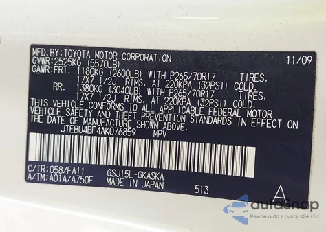 2010 Toyota Fj Cruiser from USA, damaged, VIN JTEBU4BF4AK076859